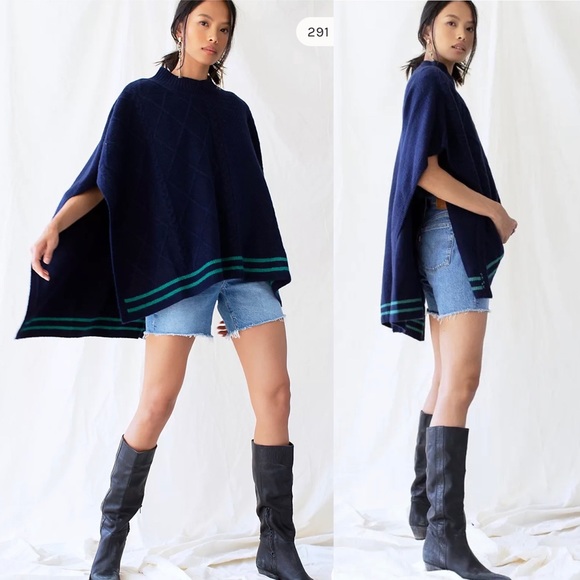 New Free People Harbour Stripe Cable Poncho Navy One Size Cape Sweater - Picture 1 of 7